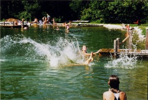Kinder springen in den Badeteich