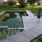 Moderne Schwimmteichanlage mit Steg