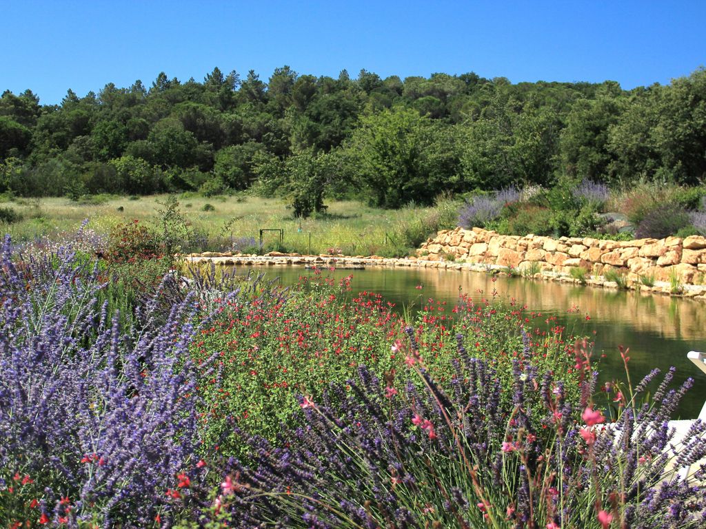 Schwimmteichanlage in Frankreich mit Findlingen im Wasser und Lavendel