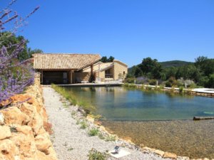 Schwimmteich in Frankreich mit Findlingen im Wasser