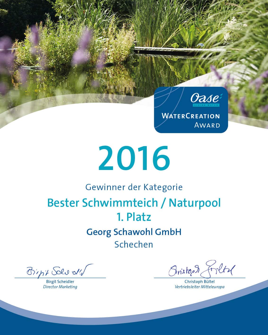 WCP Urkunde 2016 Bester Schwimmteich